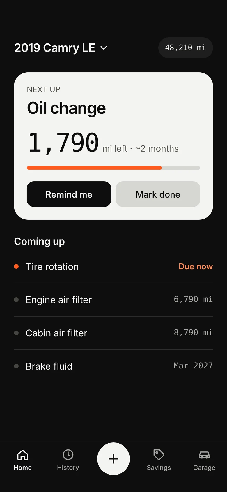 Milestone home screen: oil change due in 1,790 miles, tire rotation due now